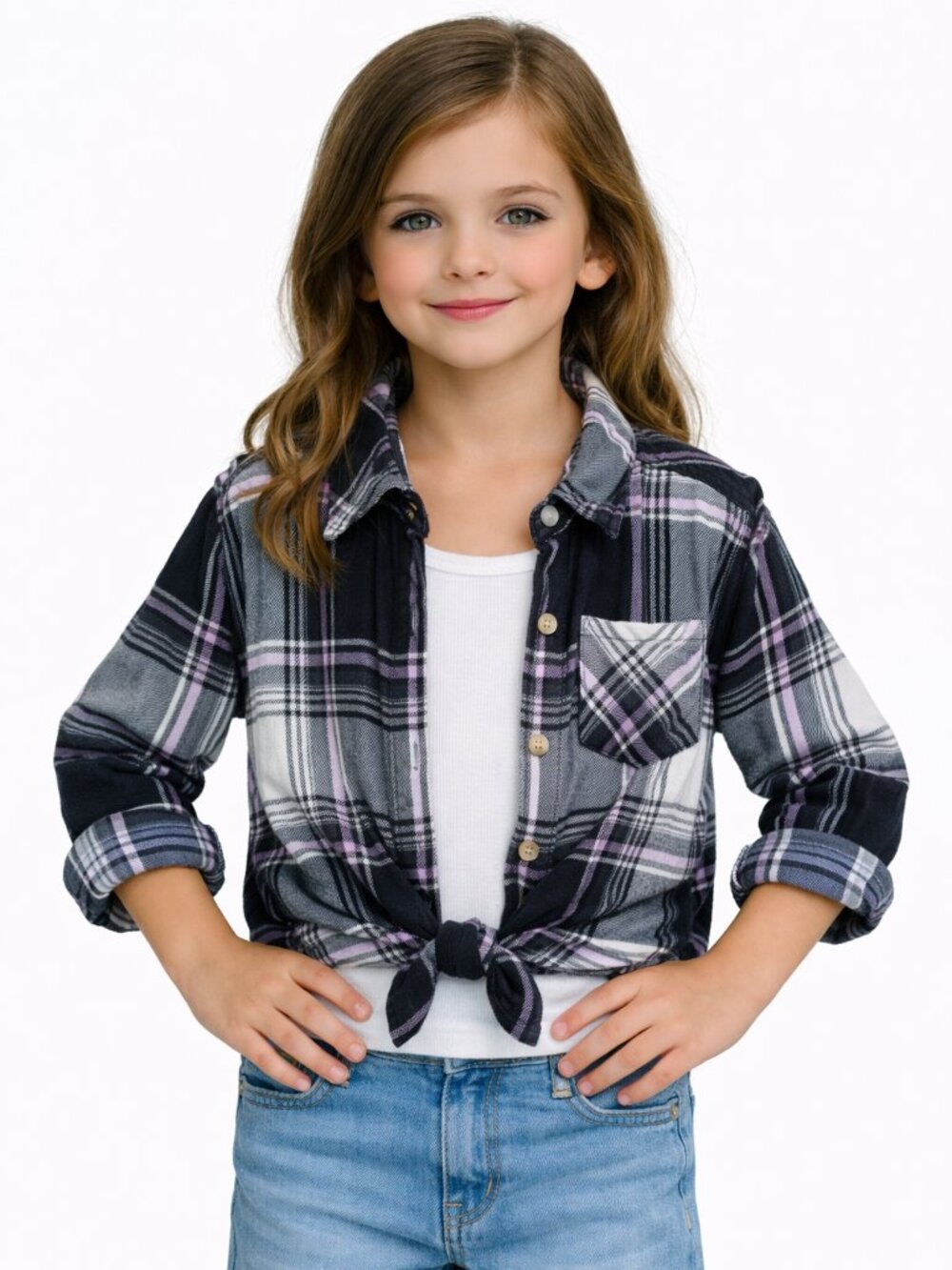 Justice Girls Plaid Flannel Button Down Shirt Black White Size S 7/8